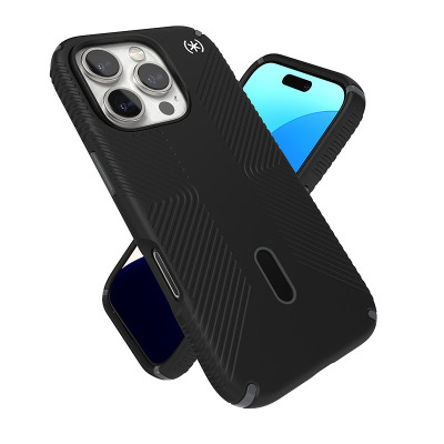 Czarne etui Speck Presidio2 Grip do iPhone 16 Pro z logo marki, widoczne od strony plecków z wycięciem na aparat oraz z częściowo wysuniętym telefonem.