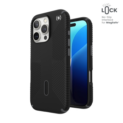 Czarne etui Speck Presidio2 Grip do iPhone 16 Pro z technologią ClickLock MagSafe, widok na tył z wyspą aparatów oraz profil telefonu z ekranem.