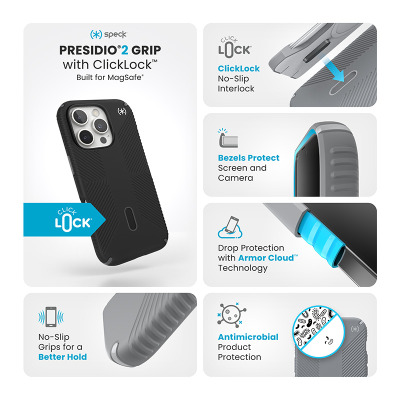 Czarne etui Speck Presidio2 Grip z ClickLock do iPhone 16 Pro, prezentujące funkcje ochrony, technologię MagSafe, antybakteryjną powłokę oraz chwytne wypustki.