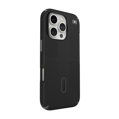 Czarne etui Speck Presidio2 Grip do iPhone 16 Pro z technologią MagSafe, widok na tylny panel z charakterystyczną fakturą, wyspą aparatów i logo marki.