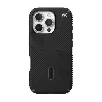 Czarne etui Speck Presidio2 Grip do iPhone 16 Pro z technologią MagSafe, widok na tył z charakterystycznym żebrowanym wzorem i wyspą potrójnego aparatu.