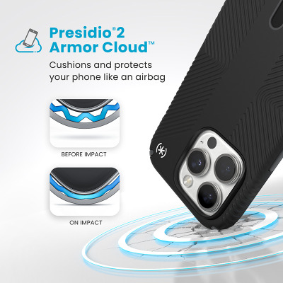 Czarne etui Speck Presidio2 do iPhone 16 Pro z technologią Armor Cloud, widok wyspy aparatów oraz schemat działania amortyzacji podczas uderzenia.