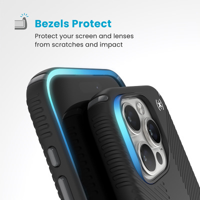 Czarne etui Speck Presidio2 Grip do iPhone 16 Pro z podświetlonymi krawędziami chroniącymi ekran i obiektywy aparatu, napis Bezels Protect na górze.