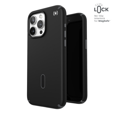 Czarne etui Speck Presidio2 Pro do iPhone 15 Pro Max z widoczną wyspą aparatów i technologią ClickLock MagSafe, ujęcie prezentujące tył oraz profil obudowy.