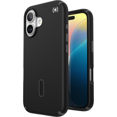 Czarne etui Speck Presidio2 Pro z technologią ClickLock MagSafe do iPhone 16, prezentujące widok na tył z wyspą aparatów oraz profil z przyciskami telefonu.