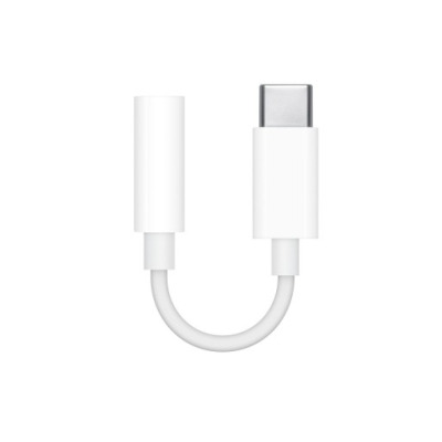 Biała przejściówka Apple USB-C na gniazdo słuchawkowe 3.5 mm do iPhone, widoczna od przodu z wtykiem USB-C po prawej stronie i wejściem jack po lewej.