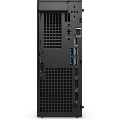 Czarna obudowa komputera stacjonarnego Dell Precision 3280 CFF ustawiona pionowo, ukazująca przedni panel z przyciskiem zasilania, portami USB oraz logo Dell.