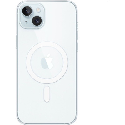 Przezroczyste etui Apple MagSafe do iPhone 15 Plus, ukazujące tylny panel telefonu z charakterystycznym okręgiem ładowania oraz podwójnym modułem aparatu.