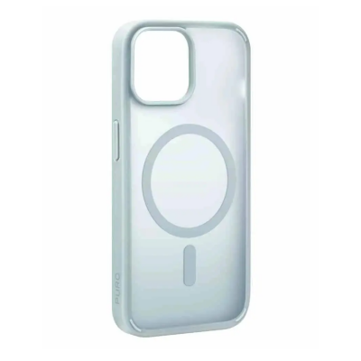 Zielone etui PURO Gradient MagSafe do iPhone 15 z przezroczystymi pleckami, widocznym okręgiem magnetycznym oraz wycięciem na wyspę aparatów i logo marki.