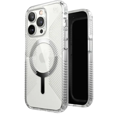 Przezroczyste etui Speck Presidio Grip MagSafe do iPhone 14 Pro z widocznym magnetycznym pierścieniem na pleckach oraz charakterystyczną wyspą aparatów.