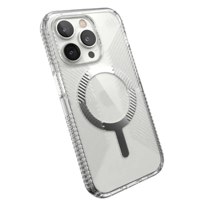 Przezroczyste etui Speck Presidio Grip MagSafe do iPhone 14 Pro, ukazujące tył telefonu z potrójnym aparatem oraz charakterystyczny pierścień magnetyczny.