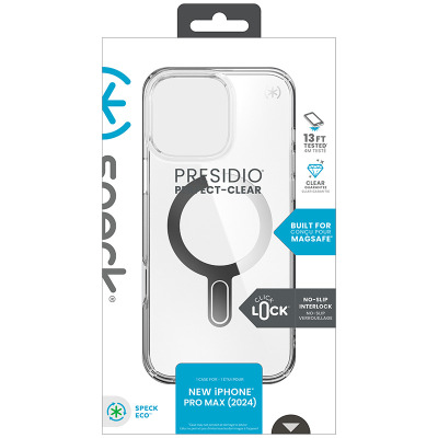 Przezroczyste etui Speck Presidio Perfect-Clear do iPhone 16 Pro Max z widocznym pierścieniem MagSafe, systemem ClickLock oraz opakowaniem ochronnym.