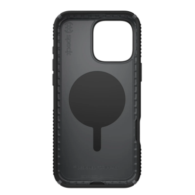 Czarne etui Speck Presidio2 Grip MagSafe do iPhone 16 Pro Max z widocznym pierścieniem magnetycznym, wycięciem na aparat i napisem Designed for Impact.