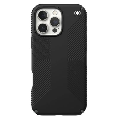 Czarne etui Speck Presidio2 Grip MagSafe do iPhone 16 Pro Max z charakterystycznym żebrowanym wzorem, widok na tył urządzenia z potrójnym aparatem i logo.