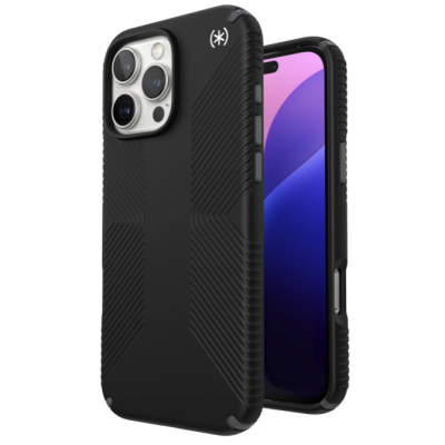 Czarne etui Speck Presidio2 Grip MagSafe do iPhone 16 Pro Max z charakterystyczną fakturą, widok na tył z wyspą aparatów oraz profil z przyciskami bocznymi.