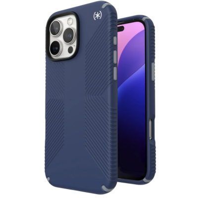 Niebieskie etui Speck Presidio2 Grip z logo marki, zaprojektowane dla iPhone 16 Pro Max, prezentujące charakterystyczną fakturę z wypustkami oraz wyspę