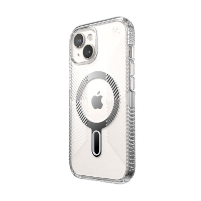 Przezroczyste etui Speck Presidio2 Grip ClickLock z MagSafe do iPhone 15, ukazujące tylny panel z wyspą aparatów oraz charakterystyczny pierścień magnetyczny.