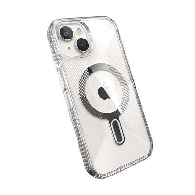 Przezroczyste etui Speck Presidio2 Grip ClickLock MagSafe do iPhone 15 z widocznym magnetycznym pierścieniem oraz charakterystyczną wyspą aparatów.
