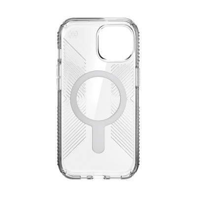 Przezroczyste etui Speck Presidio2 Grip ClickLock MagSafe do iPhone 15 z widocznym białym pierścieniem magnetycznym, wycięciem na aparat i logo marki.