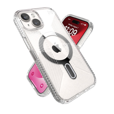 Przezroczyste etui Speck Presidio2 Grip ClickLock z MagSafe do iPhone 15, ukazujące tylny panel z wyspą aparatów oraz ekran z datą i godziną 11:09.