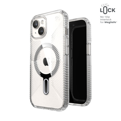 Przezroczyste etui Speck Presidio2 Grip z technologią ClickLock MagSafe do iPhone 15, ukazujące tylną wyspę aparatów oraz magnetyczny pierścień blokujący.