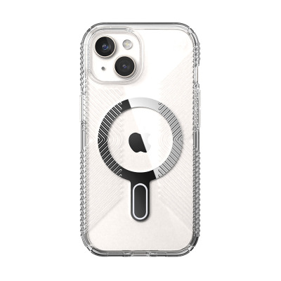 Przezroczyste etui Speck Presidio2 Grip ClickLock do iPhone 15 z widocznym magnetycznym pierścieniem MagSafe oraz charakterystyczną wyspą aparatów.