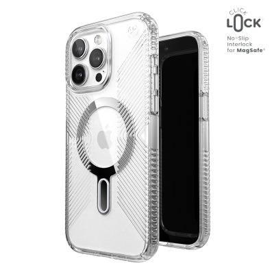 Przezroczyste etui Speck Presidio2 Grip ClickLock MagSafe do iPhone 15 Pro Max z widoczną wyspą aparatów, pierścieniem magnetycznym i logo ClickLock.