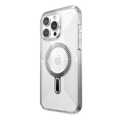 Przezroczyste etui Speck Presidio2 Grip ClickLock MagSafe do iPhone 15 Pro Max z widocznym pierścieniem magnetycznym oraz potrójnym aparatem na pleckach.