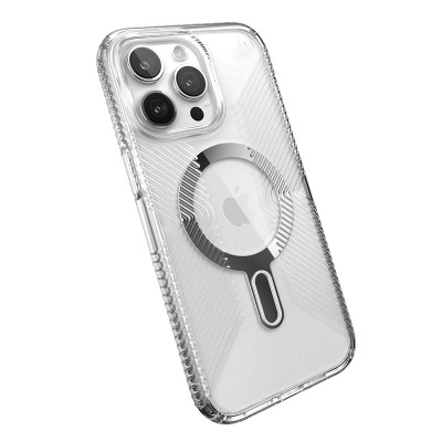 Przezroczyste etui Speck Presidio2 Grip z systemem MagSafe do iPhone 15 Pro Max, ukazujące wyspę aparatów oraz charakterystyczne żebrowanie na krawędziach.