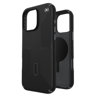 Czarne etui Speck Presidio2 Grip do iPhone 16 Pro Max z logo marki, widoczne pod kątem, ukazujące wycięcie na wyspę aparatów oraz antypoślizgowy wzór.