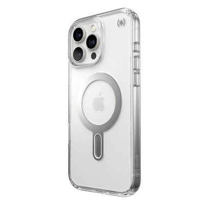 Przezroczyste etui Speck Presidio2 Grip ClickLock MagSafe do iPhone 16 Pro Max, ukazujące tylny panel z magnetycznym pierścieniem oraz wyspę aparatów.