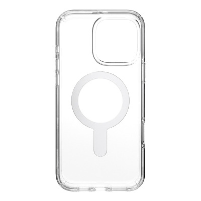 Przezroczyste etui Speck Presidio2 Grip ClickLock z wbudowanym pierścieniem MagSafe do iPhone 16 Pro Max, widok na plecki z wycięciem na wyspę aparatów.