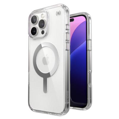 Przezroczyste etui Speck Presidio2 ClickLock MagSafe na iPhone 16 Pro Max, ukazujące wyspę aparatów, magnetyczny pierścień oraz logo marki na pleckach.