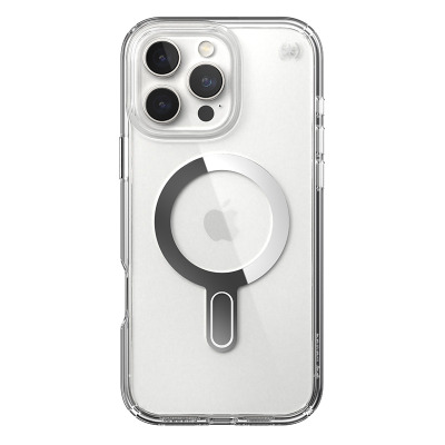 Przezroczyste etui Speck Presidio2 Grip ClickLock z wbudowanym pierścieniem MagSafe na pleckach, założone na smartfon Apple iPhone 16 Pro Max, widok z tyłu.
