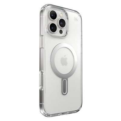 Przezroczyste etui Speck Presidio2 ClickLock MagSafe na iPhone 16 Pro Max, ukazujące tylną część obudowy z wyspą aparatów i magnetycznym pierścieniem.