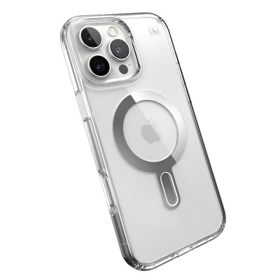 Przezroczyste etui Speck Presidio2 ClickLock MagSafe na iPhone 16 Pro Max, ukazujące wyspę aparatów, magnetyczny pierścień oraz logo marki na pleckach.