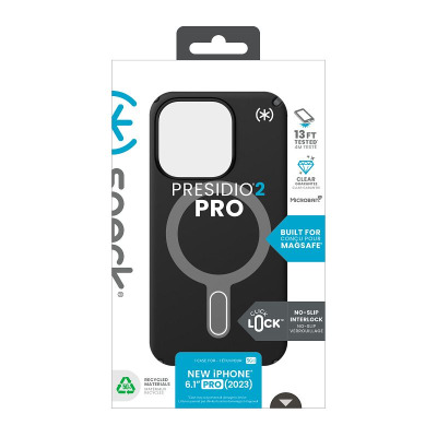 Czarne etui Speck Presidio2 Pro z technologią ClickLock MagSafe do iPhone 15 Pro, widoczne w opakowaniu z logotypami ochrony przed upadkiem i Microban.