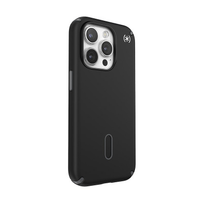 Czarne etui Speck Presidio2 Pro ClickLock do iPhone 15 Pro, widok na plecki z wyspą aparatów, logiem producenta oraz charakterystycznym zapięciem MagSafe.