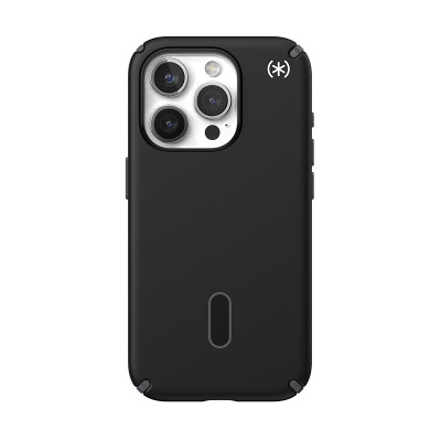 Czarne etui Speck Presidio2 Pro ClickLock do iPhone 15 Pro z widoczną wyspą aparatów, logo marki w prawym górnym rogu oraz punktem montażowym na środku.