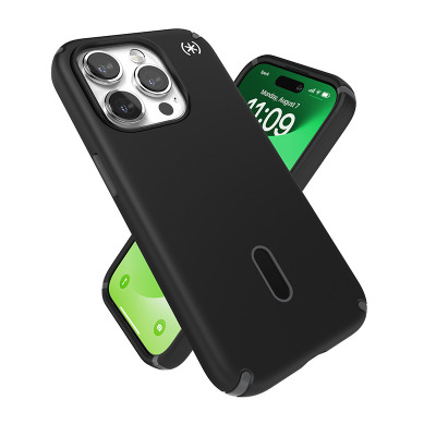 Czarne etui Speck Presidio2 Pro ClickLock MagSafe do iPhone 15 Pro, prezentujące wyspę aparatów, logo producenta oraz ekran z widocznym napisem Speck.