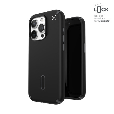 Czarne etui Speck Presidio2 Pro ClickLock do iPhone 15 Pro z widoczną wyspą aparatów i logo producenta oraz logotypem ClickLock No-Slip Interlock dla MagSafe.