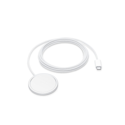 Okrągła ładowarka Apple MagSafe z przewodem USB-C o długości 2 metrów w kolorze białym, widok od frontu na magnetyczną powierzchnię ładującą urządzenia.