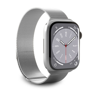 Srebrny pasek Puro Milanese do Apple Watch 44-46mm z metalową plecionką, widoczny na zegarku z tarczą analogową w minimalistycznym, jasnym stylu.