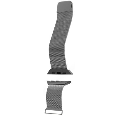 Srebrny pasek Puro Milanese do Apple Watch 44-46mm z metalowej plecionki, widoczny w dwóch rozłączonych częściach z dedykowanymi mocowaniami do koperty.
