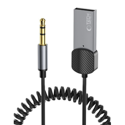 Szary adapter Bluetooth Aux Tech-Protect z wtykiem jack 3,5 mm i złączem USB, połączony czarnym spiralnym kablem na białym tle, widoczne logo producenta.