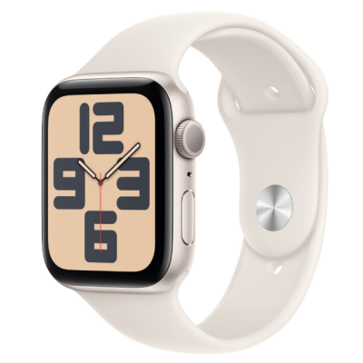 Apple Watch SE2 44mm w kolorze księżycowej poświaty z dopasowanym paskiem sportowym, widok z boku na kopertę z cyfrową tarczą zegara i przyciskiem bocznym.