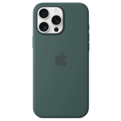 Silikonowe etui Apple MagSafe w kolorze jeziornej zieleni do iPhone 16 Pro Max, widok na plecki z wycięciem na potrójny aparat i logo producenta.