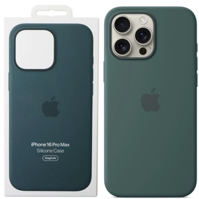 Silikonowe etui Apple MagSafe w kolorze jeziornej zieleni do iPhone 16 Pro Max, widok na plecki z wycięciem na potrójny aparat i logo producenta.