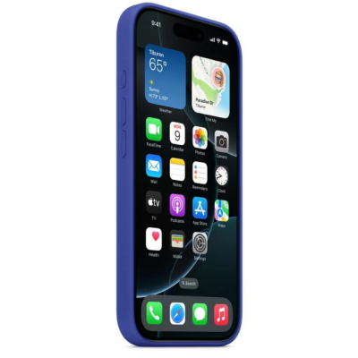 Silikonowe etui Apple w kolorze ultramarynowym do iPhone 16 Pro z widocznym logo Apple na pleckach oraz charakterystyczną wyspą potrójnego aparatu.