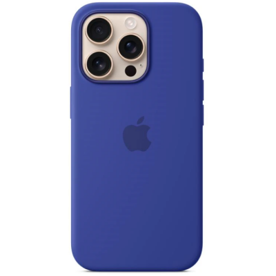 Silikonowe etui Apple w kolorze ultramarynowym do iPhone 16 Pro z widocznym logo Apple na pleckach oraz charakterystyczną wyspą potrójnego aparatu.